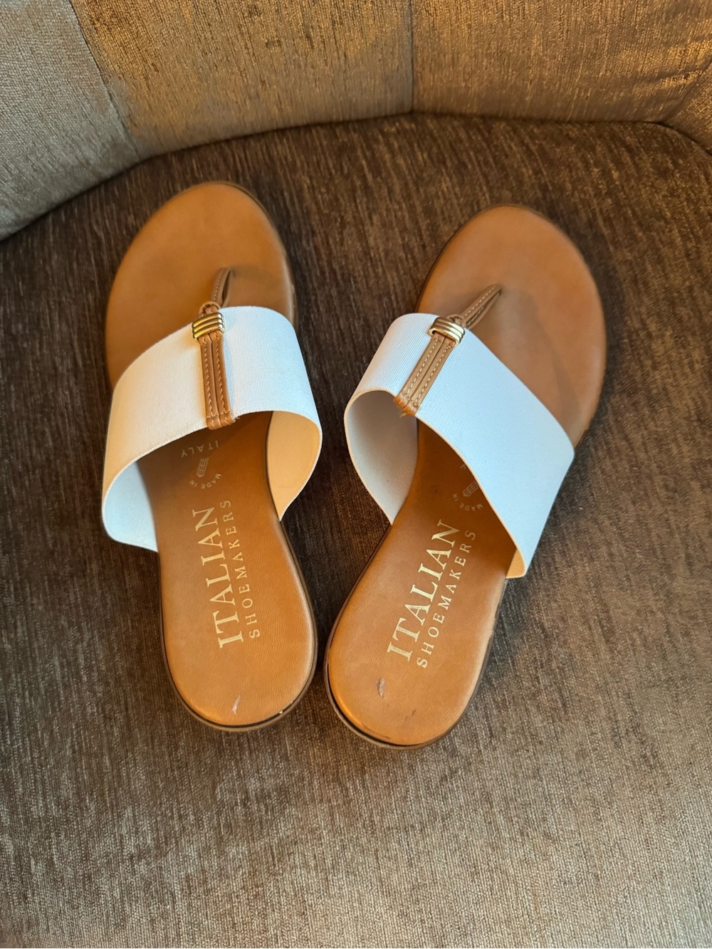 Italian Shoemakers White and Tan Women's Slide Sandals with Gold Accent
